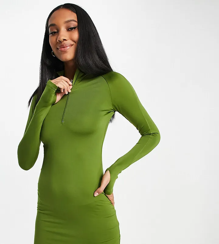ASYOU long sleeve zip front dress in khaki