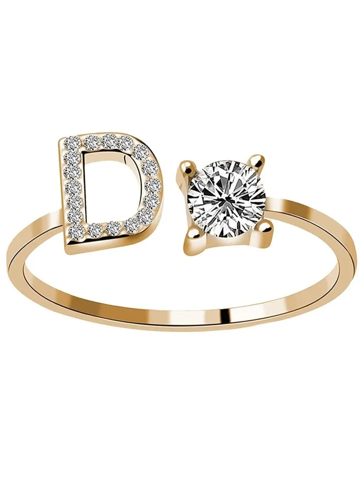 26 Letters Rhinestone Studded Zirconia Rings for Women (D, Open Adjustable)
