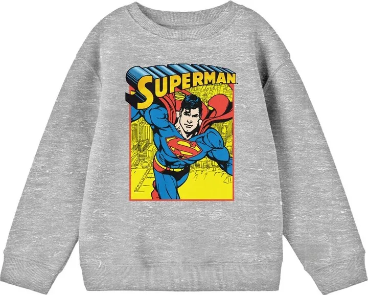 Superman Flying Above City Crew Neck Long Sleeve Athletic Heather Boy’s Sweatshirt-XL