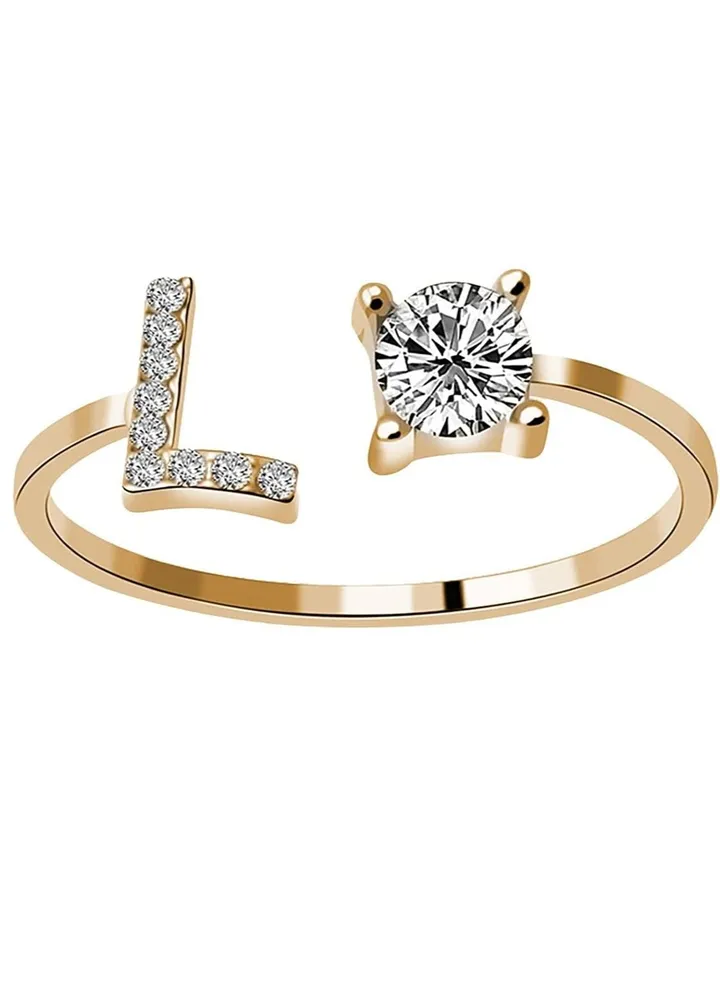 26 Letters Rhinestone Studded Zirconia Rings for Women (L, Open Adjustable)