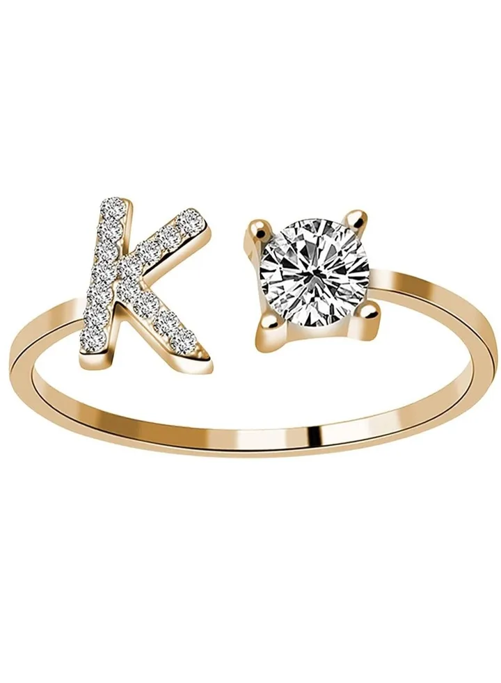 26 Letters Rhinestone Studded Zirconia Rings for Women (K, Open Adjustable)