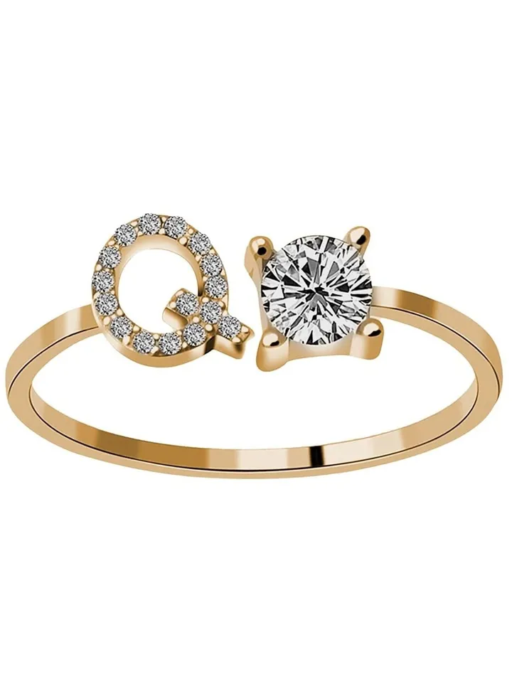 26 Letters Rhinestone Studded Zirconia Rings for Women (Q, Open Adjustable)
