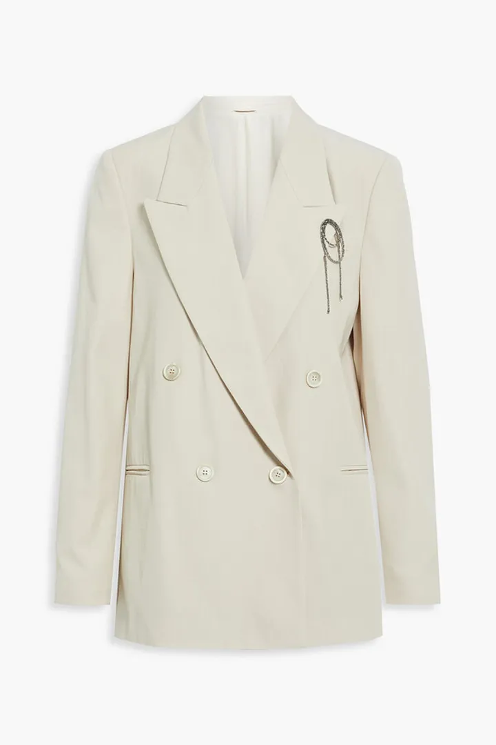 Double-breasted embellished wool and cotton-blend blazer