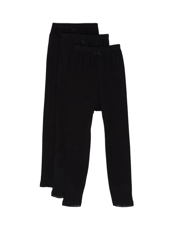 3-Piece Cotton Leggings With Lace Trim Black