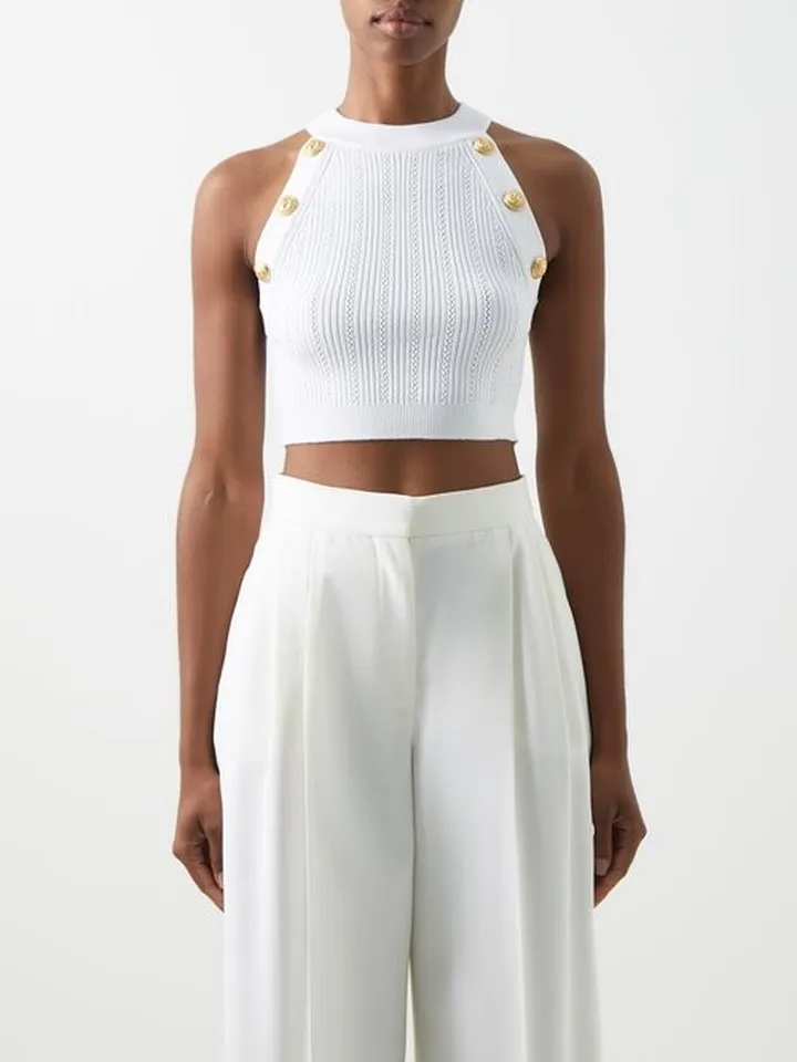 Button-embellished Cropped Halterneck Top
