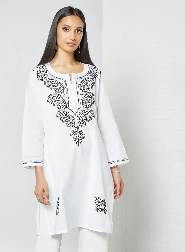 Long Sleeves Ethnic Kurta White/Black
