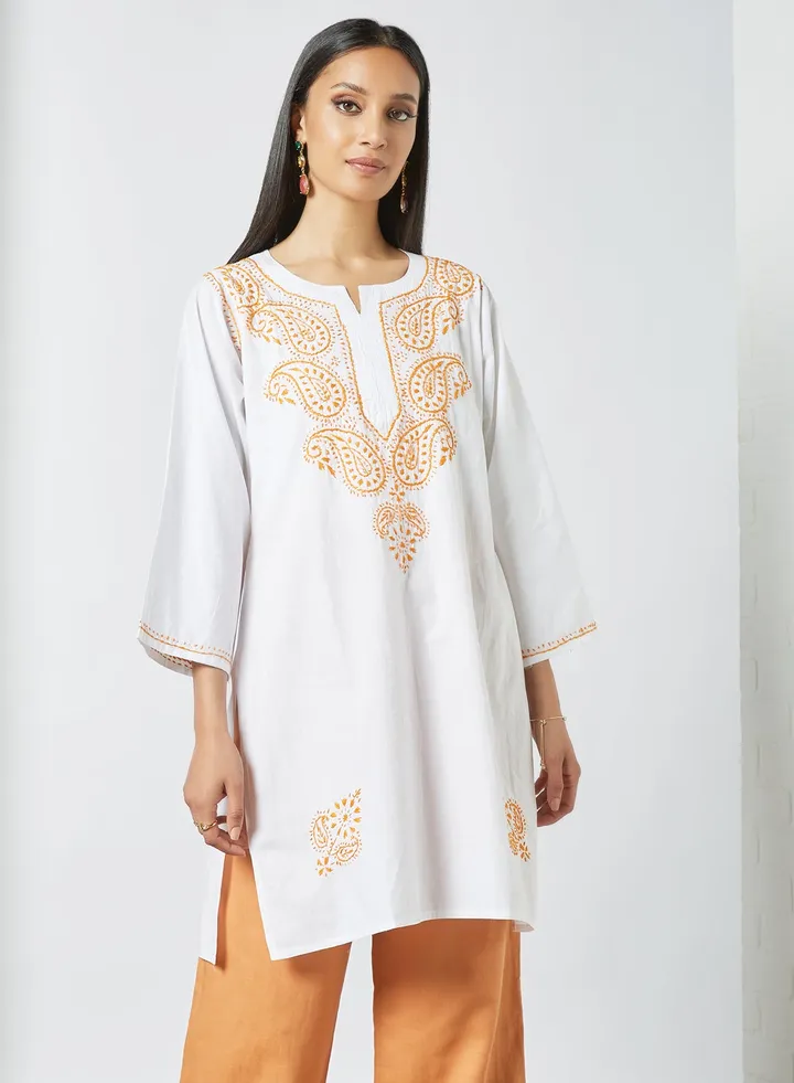 Long Sleeves Ethnic Kurta White/Orange