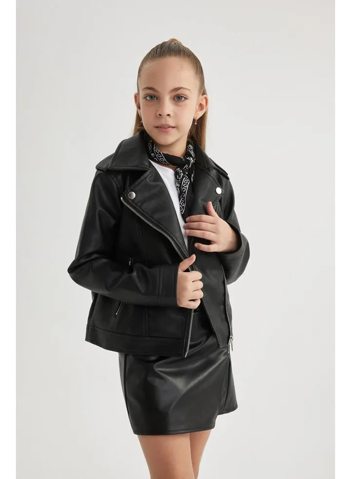 Girl Regular Fit Blazer Collar Long Sleeve Pu Coat