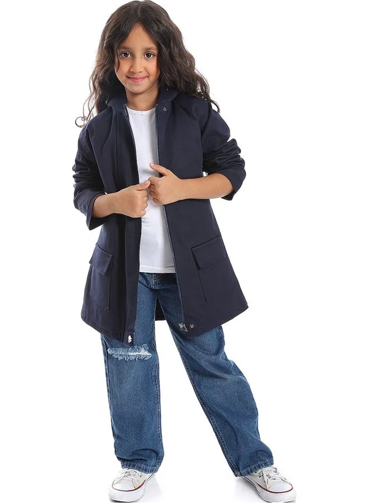 Navy Blue Long Polyester Coat_Navy Blue