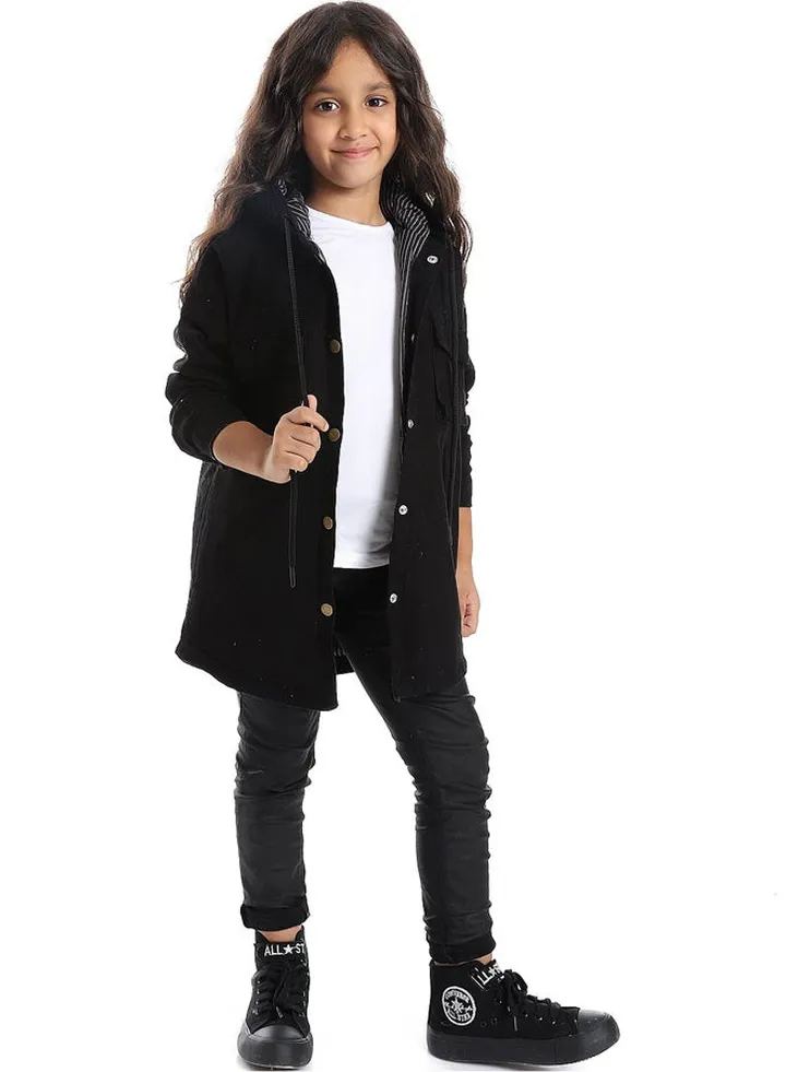 Polyester Plain Buttoned Regular Fit Jacket_Black