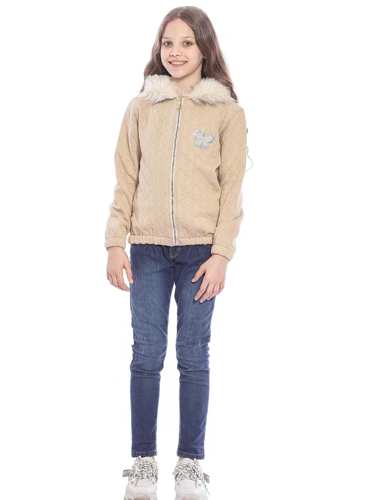 Beige Hooded Casual Jacket With Detail For Girls