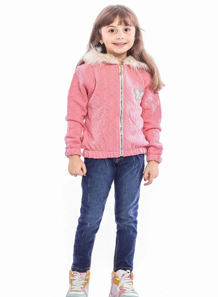 Pink Hooded Casual Jacket With Detail For Girls