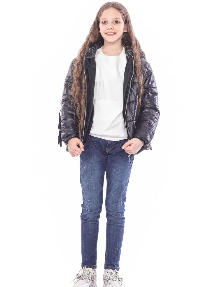 Black puffer jacket With Strips For Girls