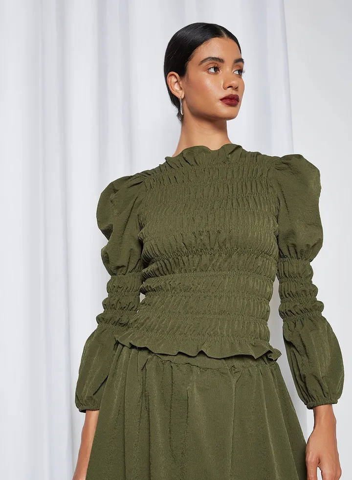 Puff Sleeve Shirred Top Green