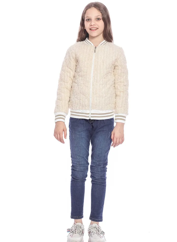 Beige Casual Jacket With Glitter For Girls