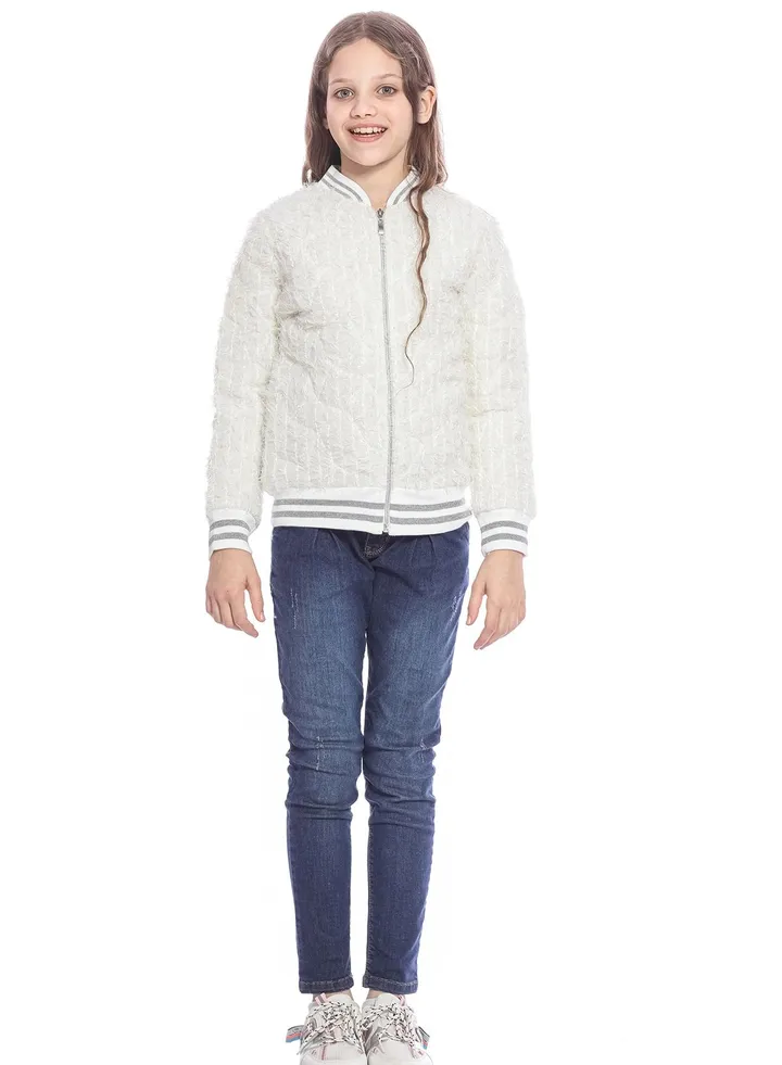 White Casual Jacket With Glitter For Girls