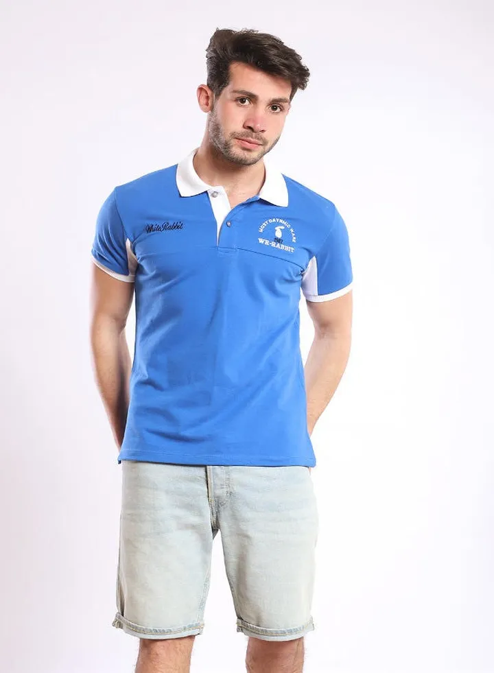 White Collar Hips Length Blue Polo Shirt