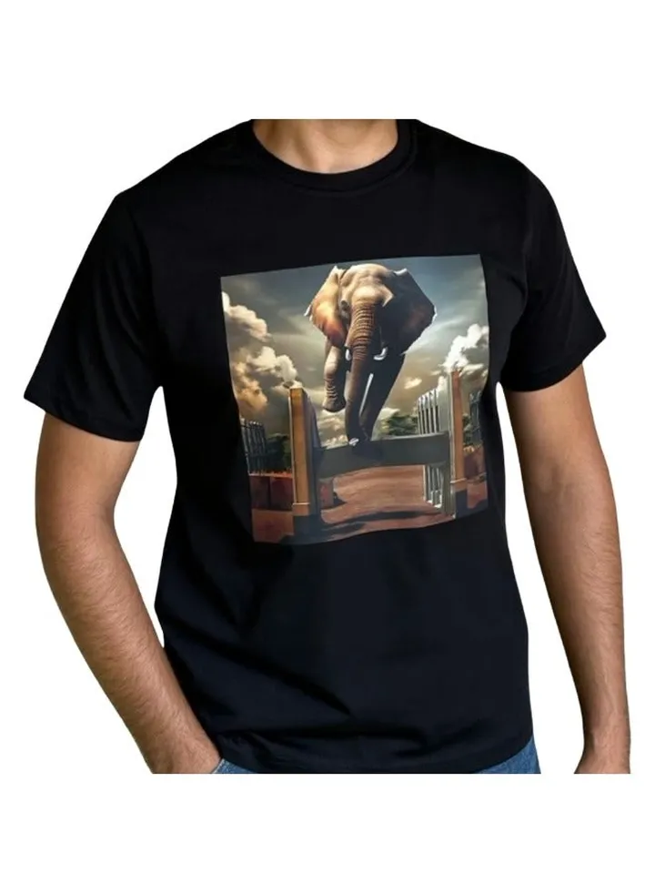 Horse Polo Round Neck T-Shirt Black Printed, Elephant