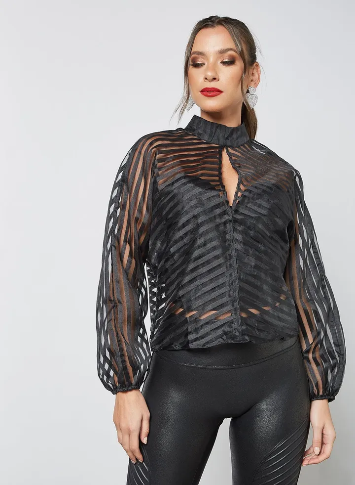 Striped Mesh Top Black