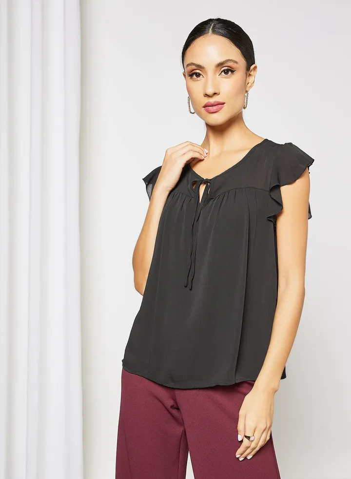 Tie-Up Neckline Top Black