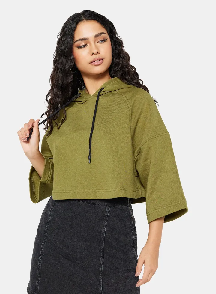 Half-Sleeve Cropped Hoodie Green