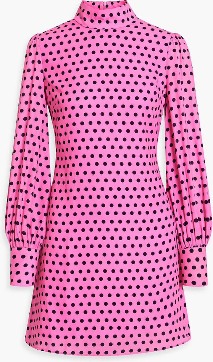 Polka-dot crepe de chine turtleneck mini dress