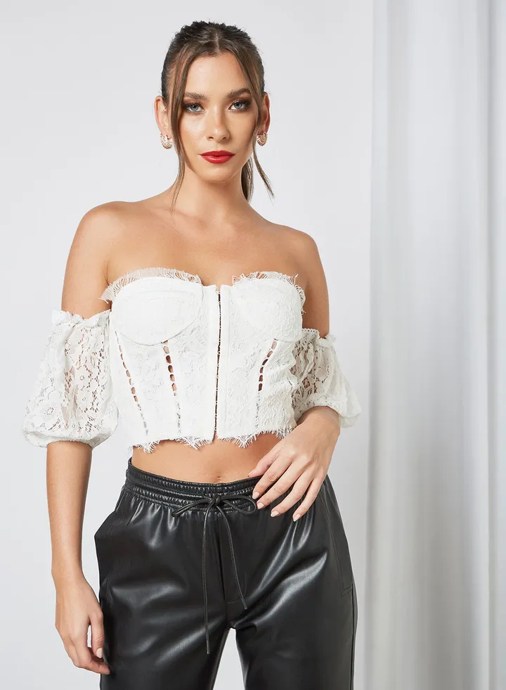 Off-Shoulder Corset Crop Top Cream
