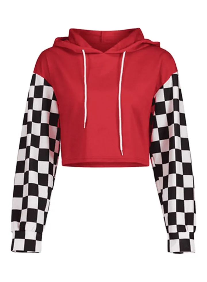 Contrast Sleeve Cropped Hoodie Red/Black/White