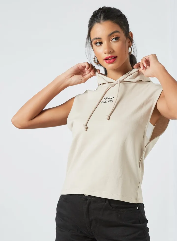 Basic Sleeveless Hoodie Beige 