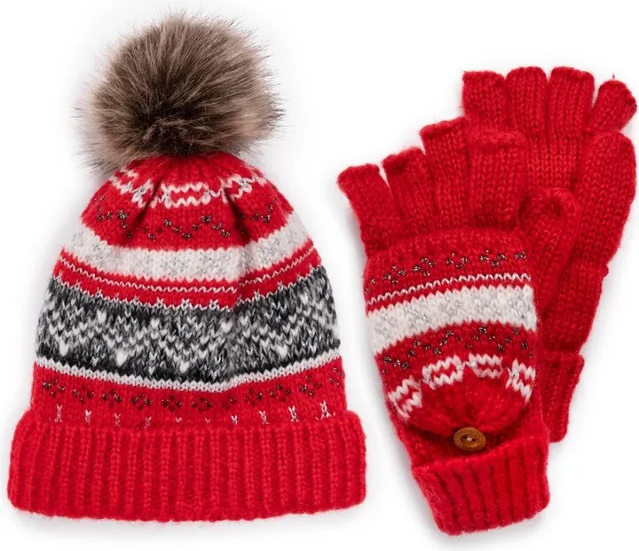 MUK LUKS Women's Mixed Yarn Beanie and Mitten Set-Mix Poppy OS