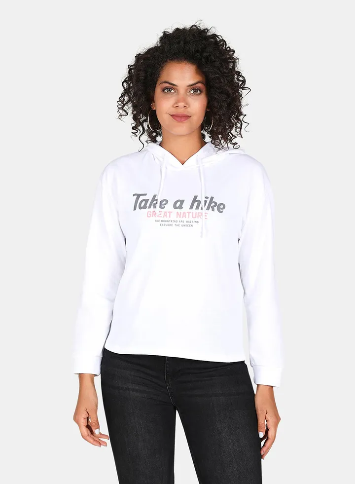 Take A Hike Printed Hooded Neck Long Sleeve Hoodie White
