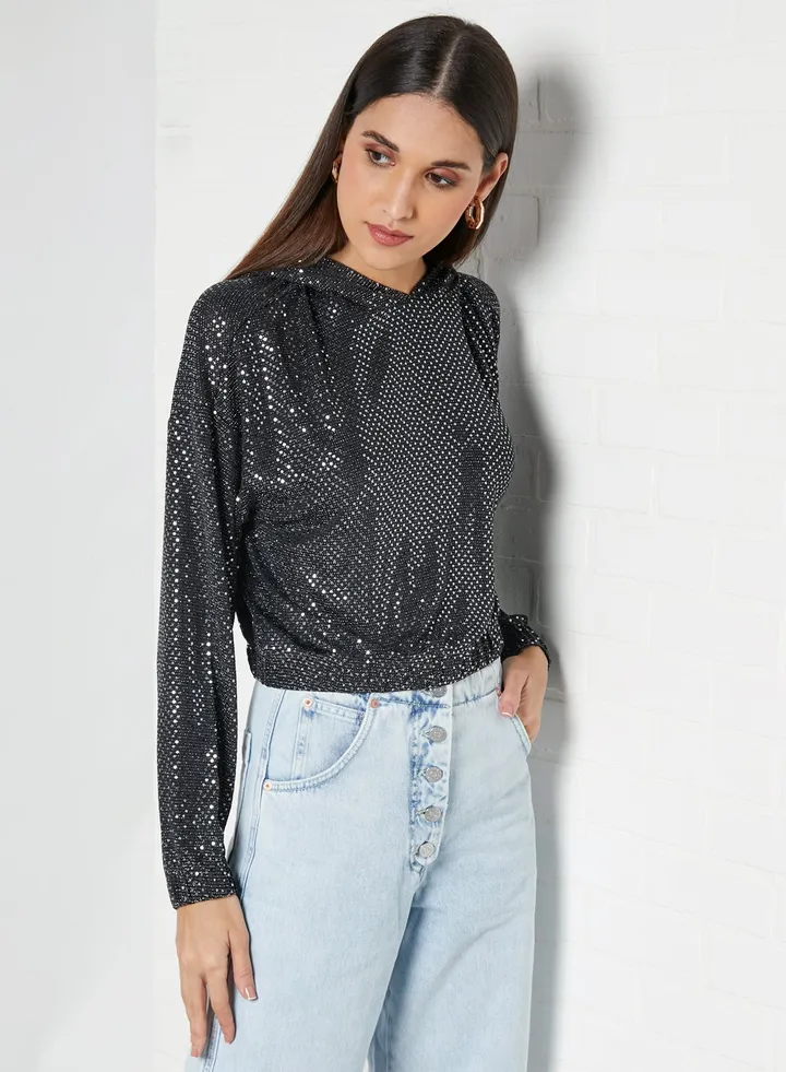 Night Sequin Hoodie Black