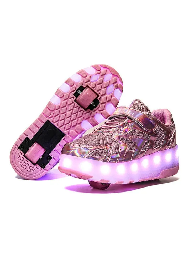 Girls Shiny Light Double Round Low Top Sneakers Pink