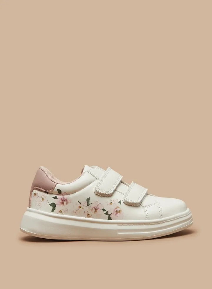 Girl's Floral Print Casual Shoes Sneakers With Hook And Loop Closure