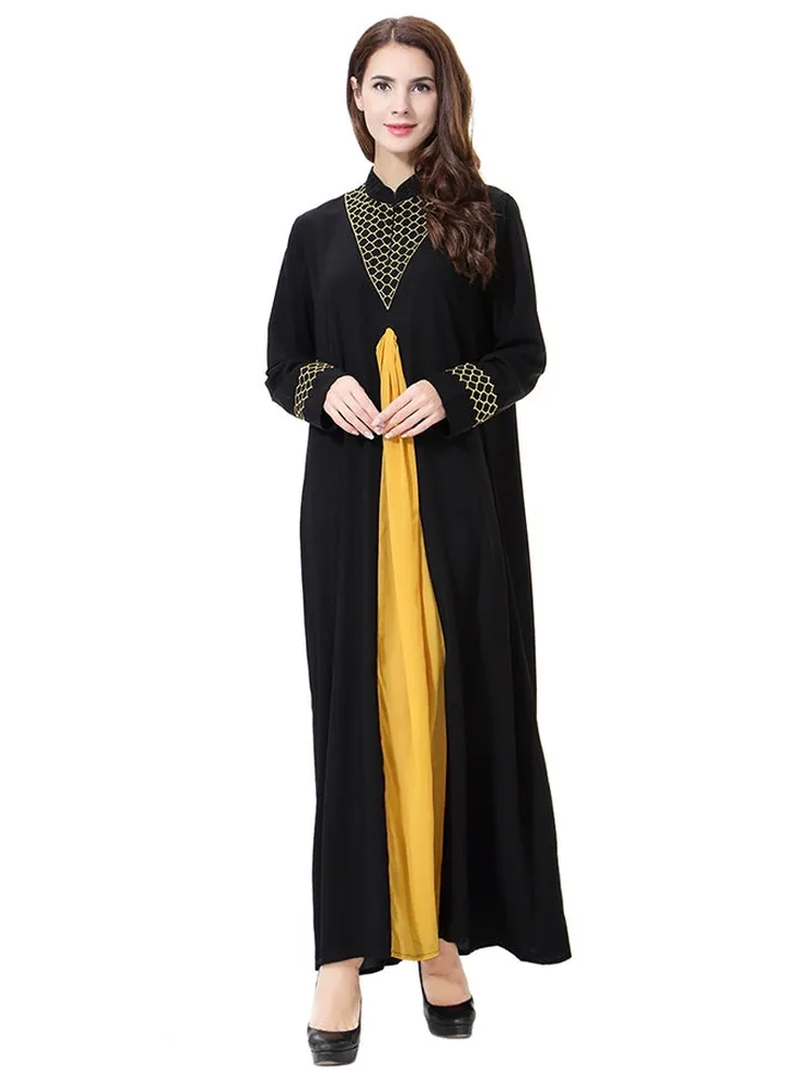 Embroidered Long Sleeves Abaya Gold/Black