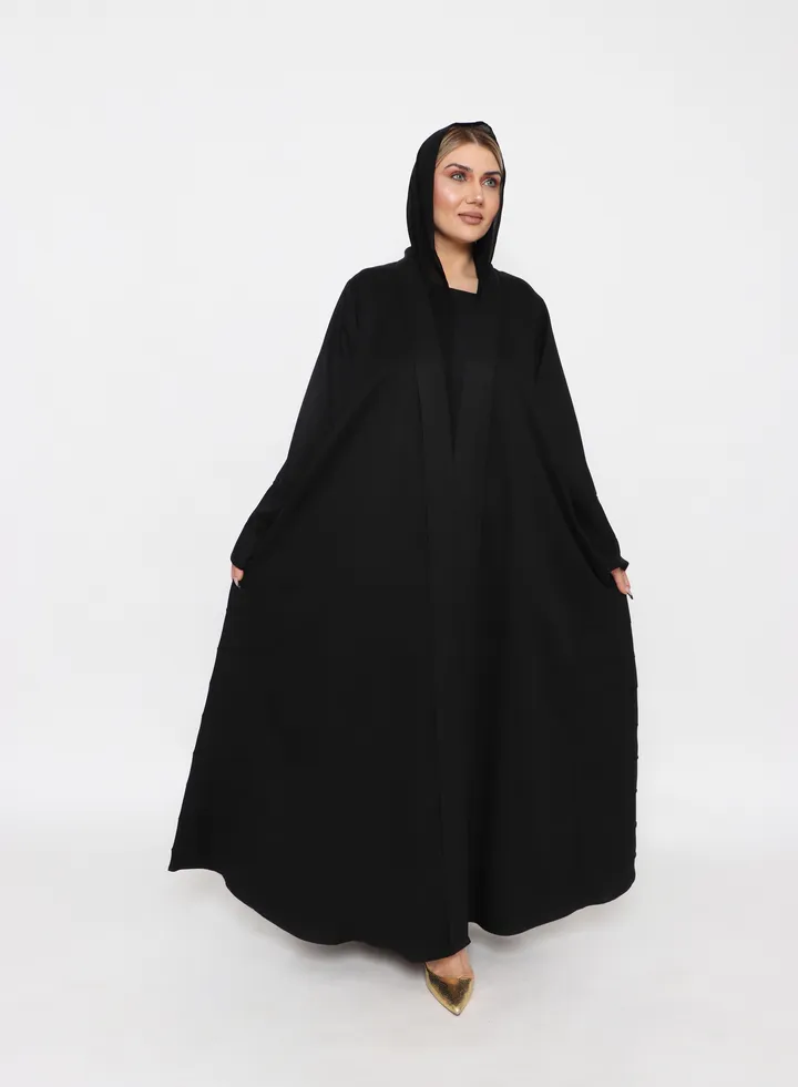 Black Abaya With Pleated Embroidery And Black Thread