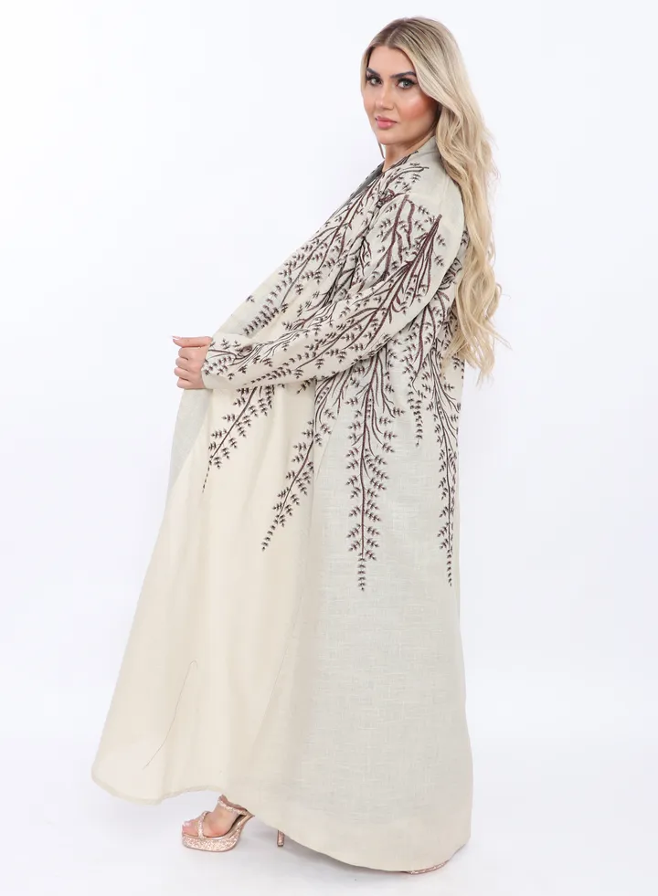 Beige abaya with burgundy floral prints