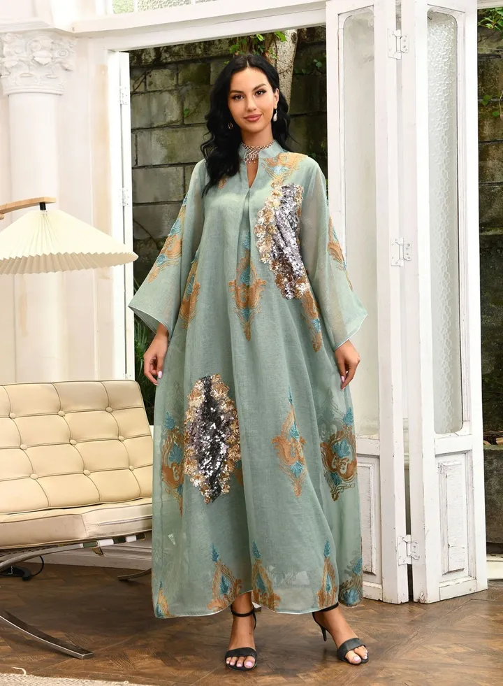 Women Luxury Stand Collar Bead Embroidered Robe Maxi Dresses Exclusive Styles Modern Stylish Abaya Middle East Arabic Banquet Wedding Party Dress Women's Festival Clothing Green