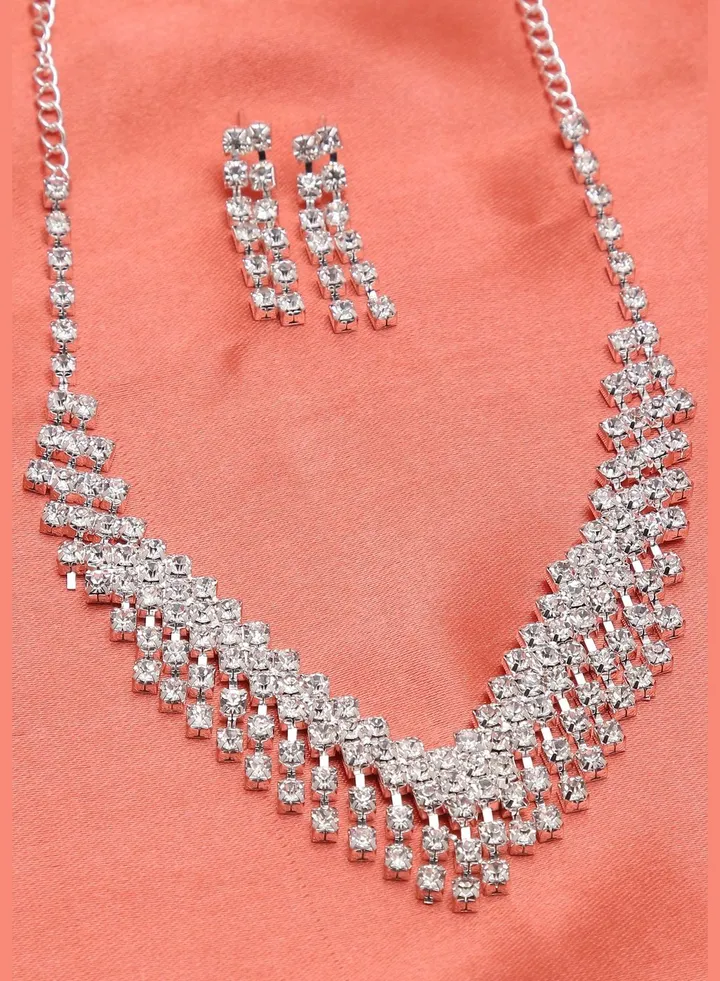 Silver Plated American Diamond Necklace and Earring Set