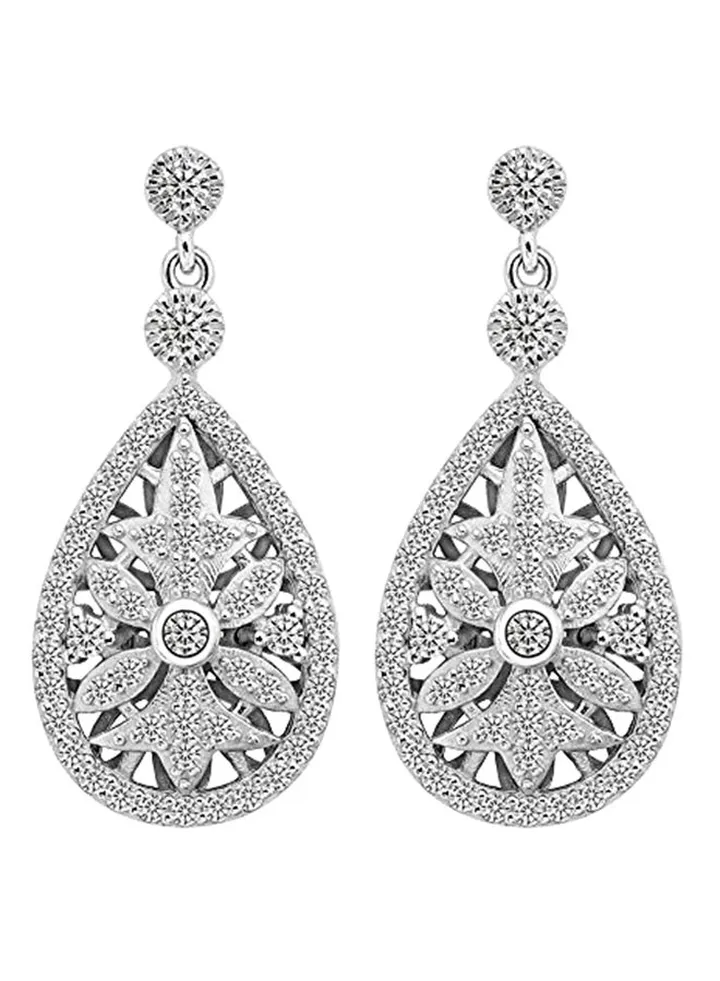 925 Sterling Silver Elegant Pave Hollow Chandelier Earrings