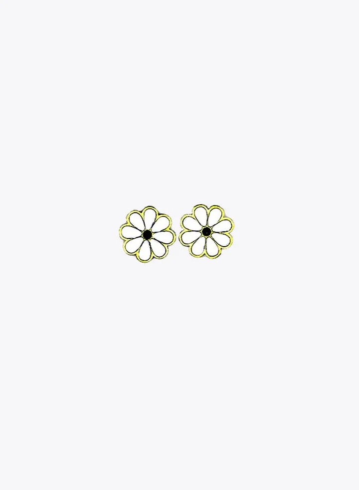 Flower Earrings | Cute Stud Earrings | White And Gold Pattern | Stainless Steel Small Studs | Limited Edition | Birthday Gifts For Women