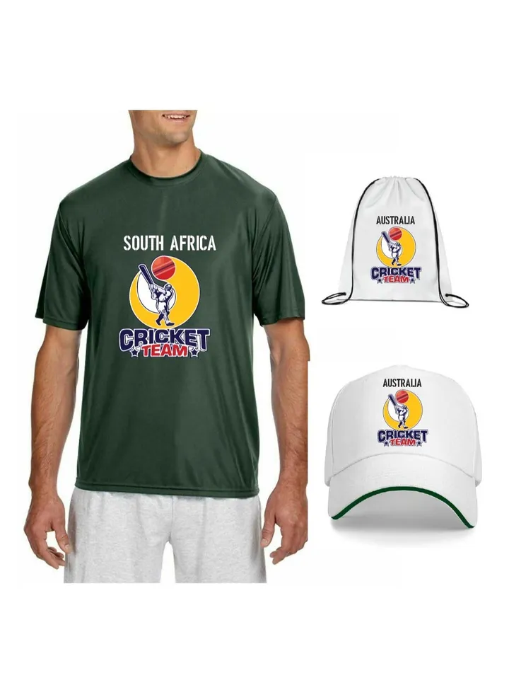 South Africa Unisex Sports Jersey T-Shirt Set - T-Shirt,Drawstring Bag,Cap - T-Shirt,Scarf,Cap - South Africa Sports Fan Jersey T-Shirt - Gift Set for Events, Matches