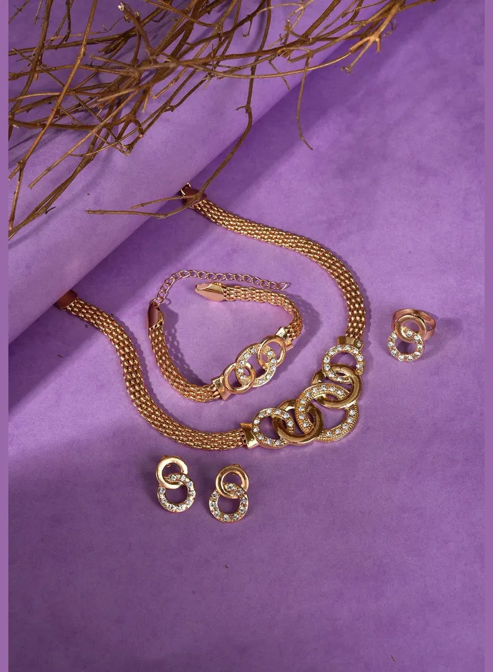 Gold Plated Designer Stone Necklace, Earrings, Bracelet and Ring Set