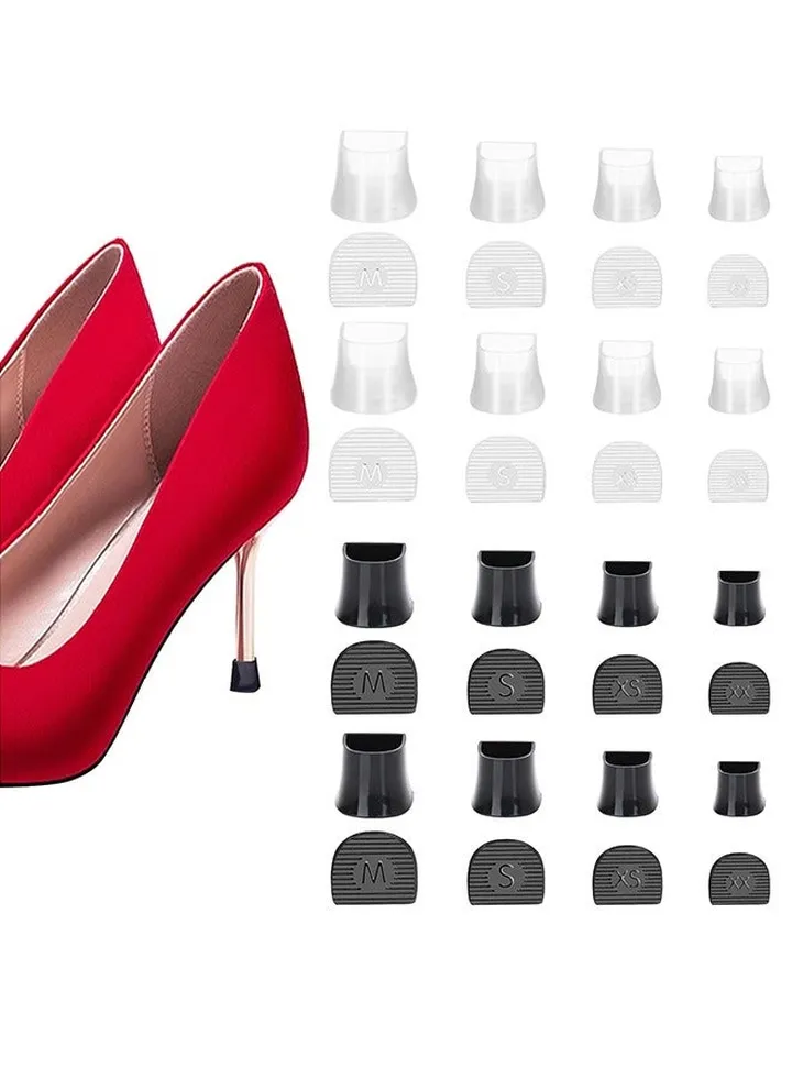 16 Pairs High Heel Protectors Stiletto Heel Repair Caps Covers & Heel Stoppers 4 Sizes High Heel Tip Covers, Noise Reducing, Slip-On Caps (8 Pairs Clear / 8 Pairs Black)