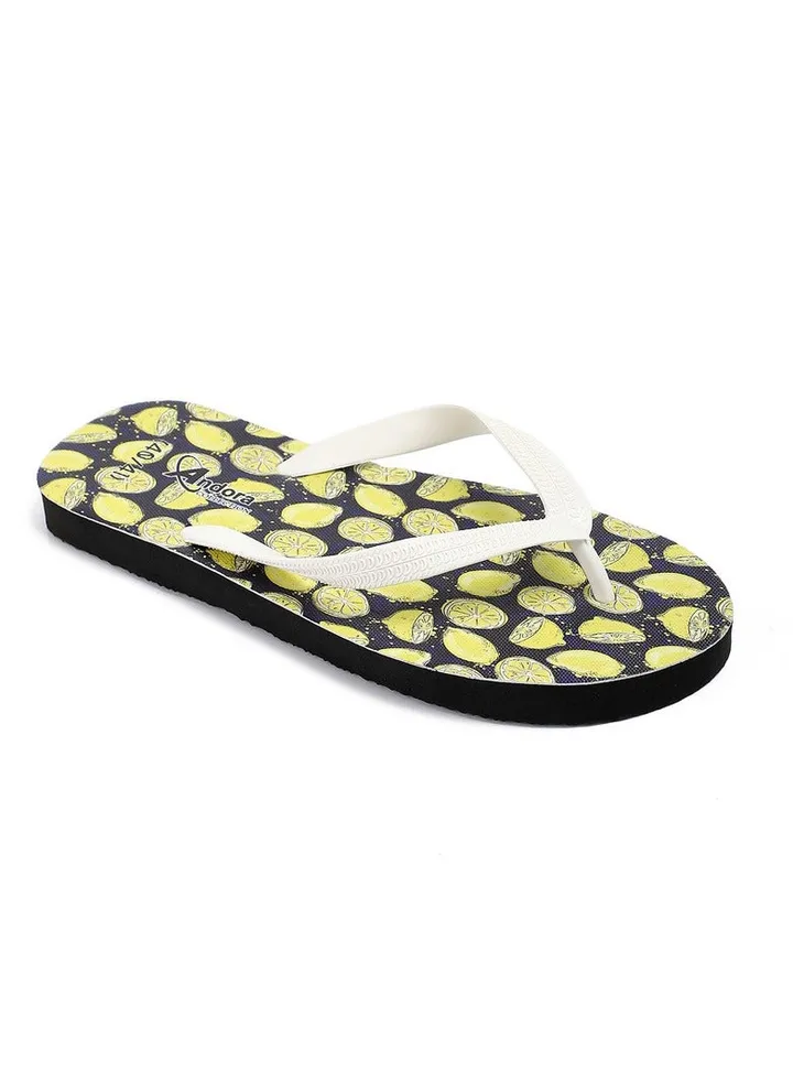 Lemon Printed Summer Flip Flops - Black & Yellow
