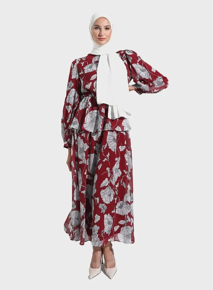 Floral Puff Sleeve Ruffled Dress