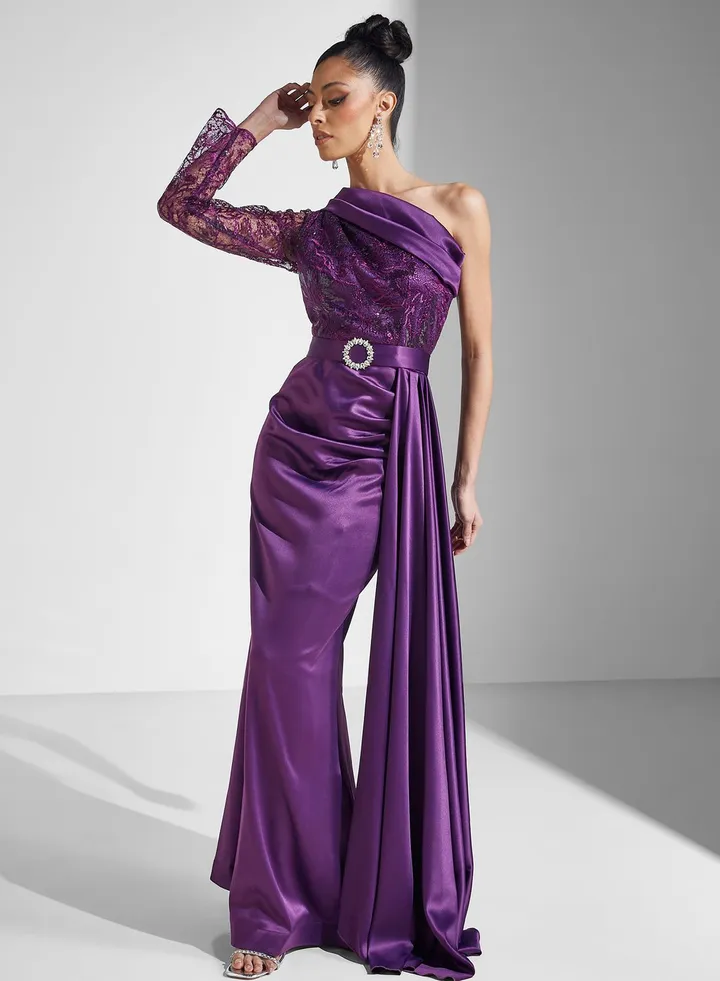 One Shoulder Belted Tiered Dress