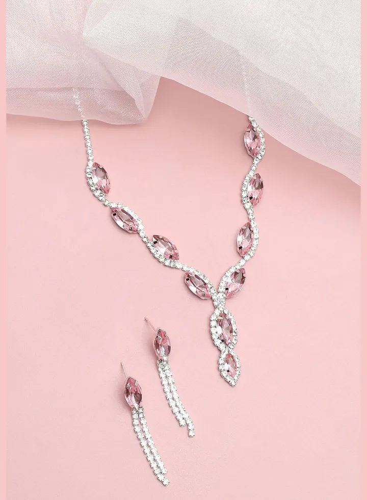 Silver Plated Party Designer Stone Necklace and Earring Set For Women