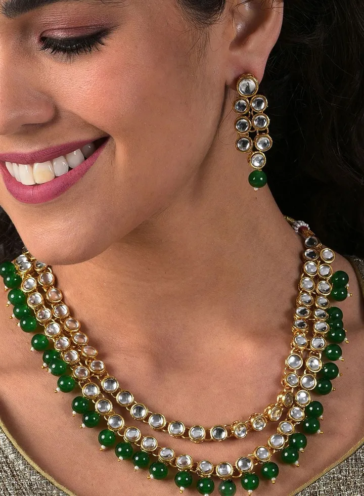 Gold Plated Designer Stone Beaded Chain and Earrings Set