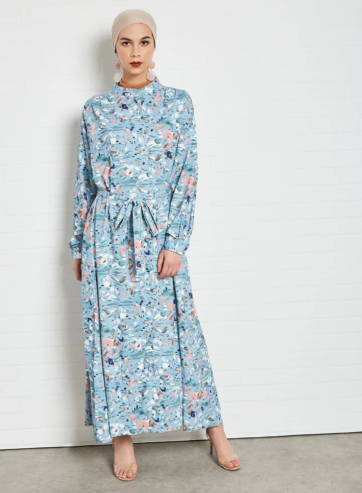Floral Belted Dress Blue